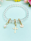 Natural Quartz Bracelet with Pearl Cross and Initial Charm