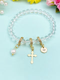Natural Quartz Bracelet with Pearl Cross and Initial Charm