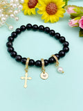 Natural Obsidian Stretch Bracelet with Pearl Cross, Initial Charm, Gemstone Jewelry