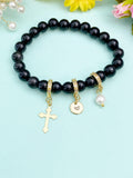 Natural Obsidian Stretch Bracelet with Pearl Cross, Initial Charm, Gemstone Jewelry