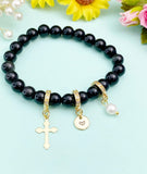 Natural Obsidian Stretch Bracelet with Pearl Cross, Initial Charm, Gemstone Jewelry