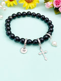 Natural Obsidian Stretch Bracelet with Pearl Cross Charm, Personalized Initial Jewelry