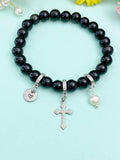 Natural Obsidian Stretch Bracelet with Pearl Cross Charm, Personalized Initial Jewelry