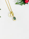Green Emerald Rectangle Pendant Necklace 18K Gold Plated, N7057G