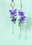 Gold Purple Flower Charm Earrings, Lilac Sakura Cherry Blossom, Natural Pearl, N6005P