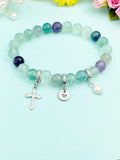 Natural Fluorite with Natural Pearl and Cross Bracelet, Gold or Silver, N7069