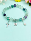 Natural Fluorite with Natural Pearl and Cross Bracelet, Gold or Silver, N7069