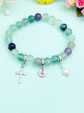 Natural Fluorite with Natural Pearl and Cross Bracelet, Gold or Silver, N7069