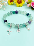 Natural Fluorite with Natural Pearl and Cross Bracelet, Gold or Silver, N7069