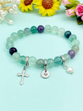Natural Fluorite with Natural Pearl and Cross Bracelet, Gold or Silver, N7069
