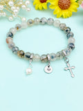 Natural Dragon Veins Agate with Natural Pearl and Cross Bracelet, Gold or Silver, N7070