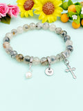 Natural Dragon Veins Agate with Natural Pearl and Cross Bracelet, Gold or Silver, N7070