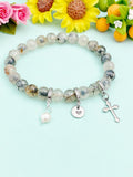 Natural Dragon Veins Agate with Natural Pearl and Cross Bracelet, Gold or Silver, N7070