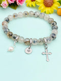 Natural Dragon Veins Agate with Natural Pearl and Cross Bracelet, Gold or Silver, N7070