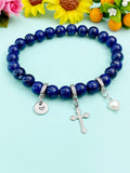 Natural Lapis Lazul with Pearl and Cross Bracelet, Gold or Silver, N7071