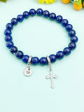 Natural Lapis Lazul and Cross Bracelet, Gold or Silver, N7071C