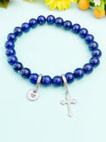 Natural Lapis Lazul and Cross Bracelet, Gold or Silver, N7071C