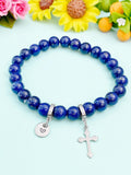 Natural Lapis Lazul and Cross Bracelet, Gold or Silver, N7071C