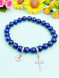 Natural Lapis Lazul and Cross Bracelet, Gold or Silver, N7071C