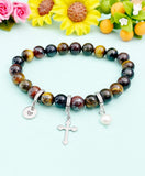 Natural Tiger Eye with Pearl and Cross Bracelet, Gold or Silver, N7072
