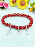 Natural Carnelian with Pearl and Cross Bracelet, Gold or Silver, N7073