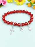 Natural Carnelian with Pearl and Cross Bracelet, Gold or Silver, N7073