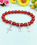 Natural Carnelian with Pearl and Cross Bracelet, Gold or Silver, N7073