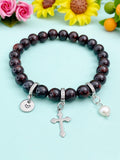 Natural Brecciated Jasper with Pearl and Cross Bracelet, Gold or Silver, N7074