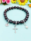 Natural Brecciated Jasper with Pearl and Cross Bracelet, Gold or Silver, N7074