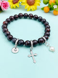 Natural Brecciated Jasper with Pearl and Cross Bracelet, Gold or Silver, N7074
