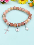 Natural Plum Blossom Jasper with Pearl and Cross Bracelet, Gold or Silver, N7075