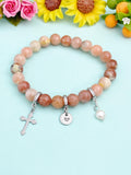 Natural Plum Blossom Jasper with Pearl and Cross Bracelet, Gold or Silver, N7075
