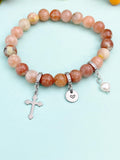 Natural Plum Blossom Jasper with Pearl and Cross Bracelet, Gold or Silver, N7075