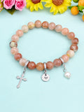 Natural Plum Blossom Jasper with Pearl and Cross Bracelet, Gold or Silver, N7075