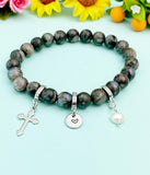 Natural Glaucophane with Pearl and Cross Bracelet, Gold or Silver, N7076