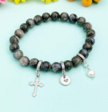 Natural Glaucophane with Pearl and Cross Bracelet, Gold or Silver, N7076