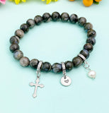 Natural Glaucophane with Pearl and Cross Bracelet, Gold or Silver, N7076