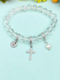 Natural Quartz Crystal with Pearl and Cross Bracelet, Gold or Silver, N7077