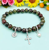 Natural Dragon Blood Jasper with Pearl and Cross Bracelet, Gold or Silver, N7078