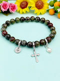 Natural Dragon Blood Jasper with Pearl and Cross Bracelet, Gold or Silver, N7078