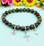 Natural Dragon Blood Jasper with Pearl and Cross Bracelet, Gold or Silver, N7078