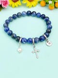 Natural Sodalite with Pearl and Cross Bracelet, Gold or Silver, N7079