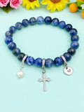 Natural Sodalite with Pearl and Cross Bracelet, Gold or Silver, N7079
