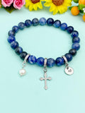 Natural Sodalite with Pearl and Cross Bracelet, Gold or Silver, N7079