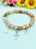 Natural Fossil Coral with Pearl and Cross Bracelet, Gold or Silver, N7080