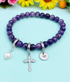 Natural Dumortierite with Pearl and Cross Bracelet, Gold or Silver, N7081