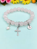 Natural Rose Quartz with Pearl and Cross Bracelet, Gold or Silver, N7082