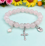 Natural Rose Quartz with Pearl and Cross Bracelet, Gold or Silver, N7082