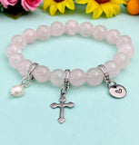 Natural Rose Quartz with Pearl and Cross Bracelet, Gold or Silver, N7082