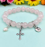 Natural Rose Quartz with Pearl and Cross Bracelet, Gold or Silver, N7082